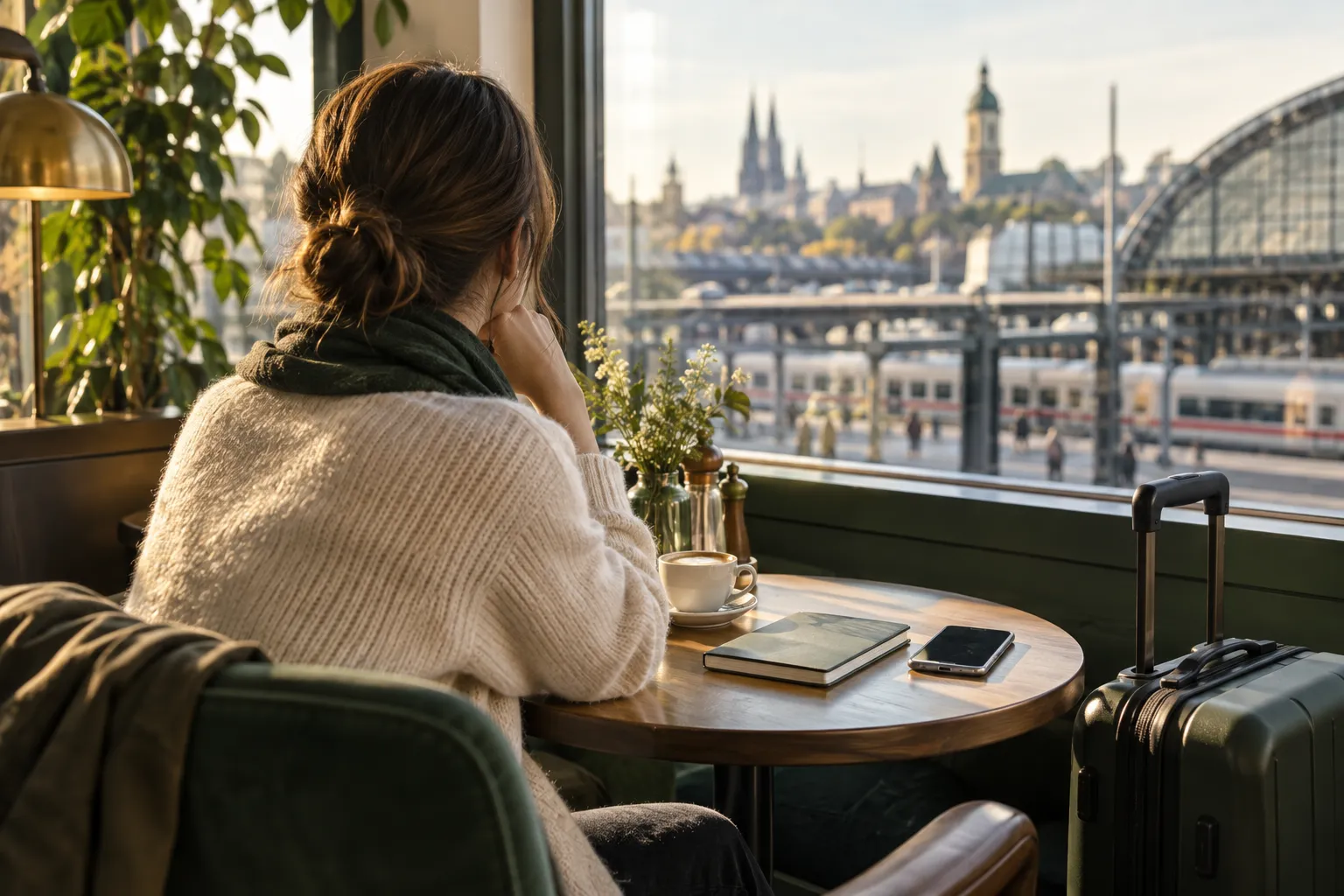 Illustrative Reiseszene: eine Person plant im Bahnhofscafé mit Smartphone und Reisegepäck