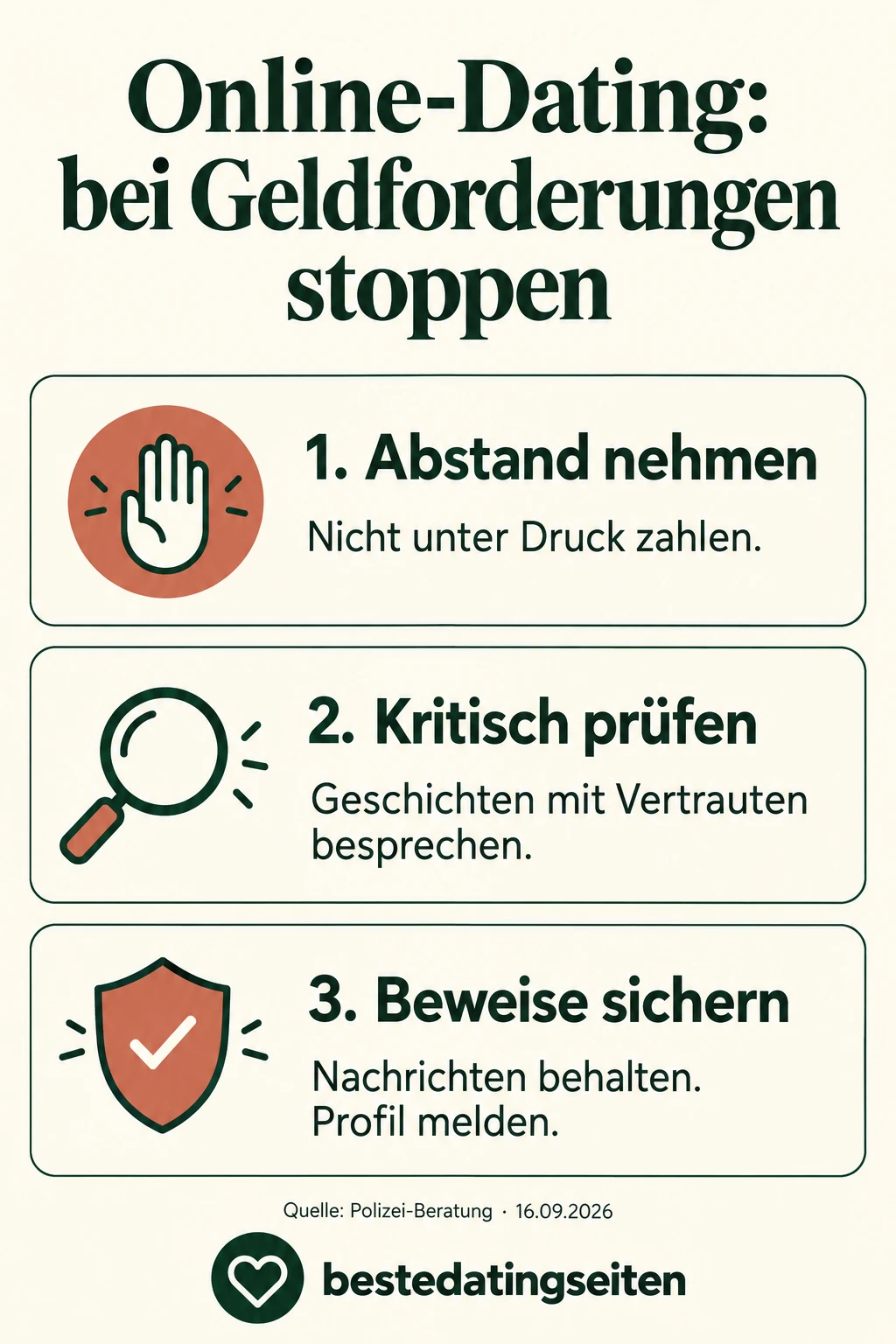 Drei Schritte bei verdächtigen Geldforderungen: Abstand nehmen, kritisch prüfen, Beweise sichern. Ausführliche Hinweise stehen im Artikel.